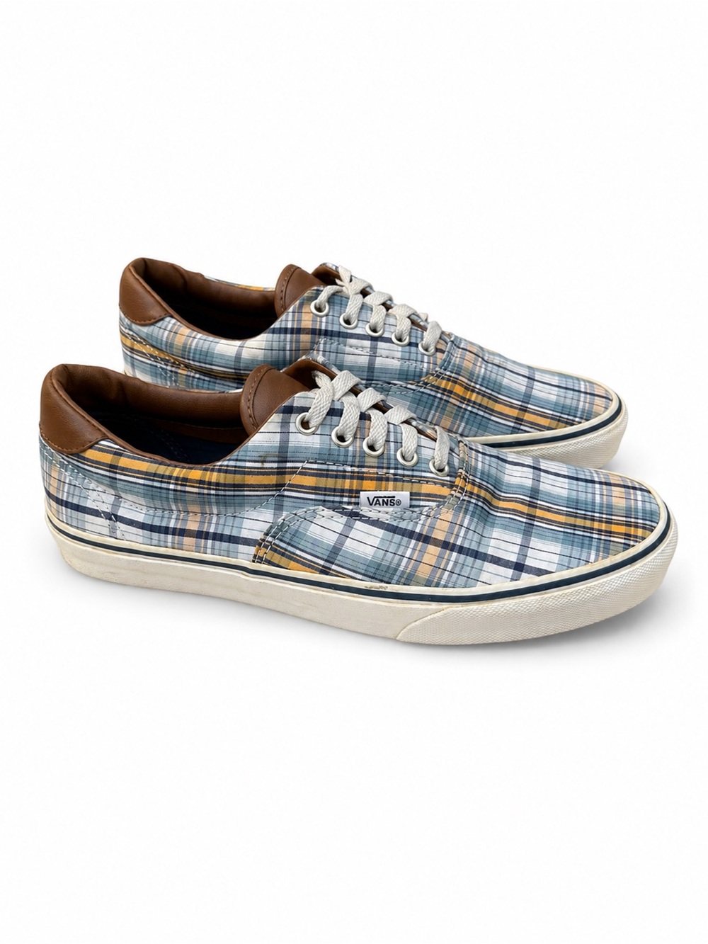 Vans Era 59 Blue Yellow Plaid Brown Leather Sneakers Men’s 10.5 Women’s 12